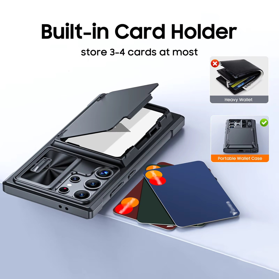 Samsung Wallet Kickstand Silikonhülle für Galaxy S24 Plus und Galaxy S24 Ultra mit RFID-Kartenhalter und Kameraabdeckung, Schwarz - Bild 2