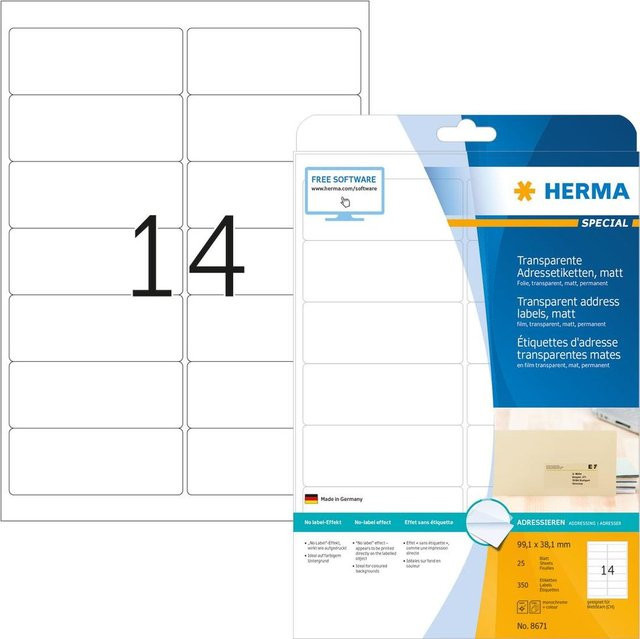 HERMA Special Adressetiketten transparent, 350 Stück (25 Blatt), Breite: 99,1 mm, Höhe: 38,1 mm - Bild 1