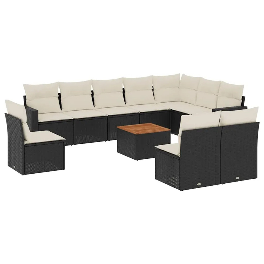 vidaXL 11-tlg. Garten-Sofagarnitur in L-Form aus Polyrattan und Akazienholz mit Kissen in Schwarz-Creme - Bild 2