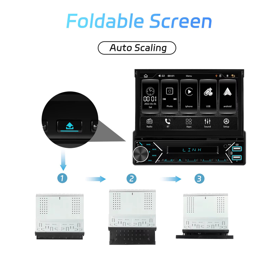 Podofo 1DIN Elektrisch Einziehbares Autoradio mit kabellosem CarPlay, Android Auto und Mirror Link, DAB+, FM, USB Typ-C, Schwarz - Bild 4