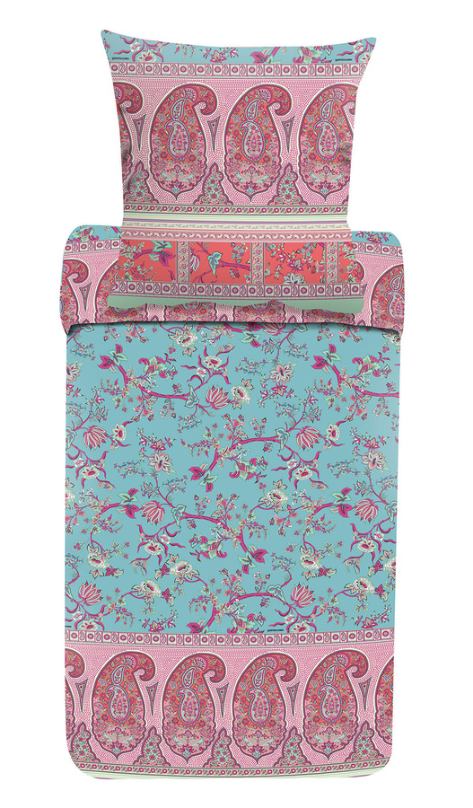 Bassetti Mako-Satin Bettwäsche GENOVA mit floralem Design in Türkis, bestehend aus Bettbezug und Kissenbezug mit Reißverschluss - Bild 1
