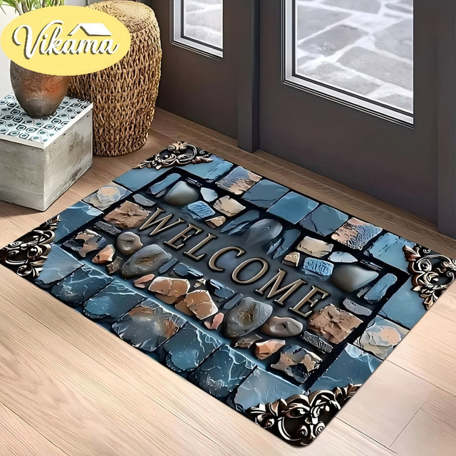VIKAMA Willkommens-Fußmatte im Vintage-Stil, rutschfester Eingangsteppich für Innen- und Außenbereich in Blau, B/T: 60 x 40 cm - Bild 1