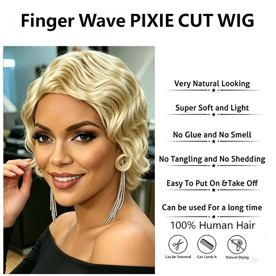 OYM HAIR Blonde Fingerwave Pixie Perücke, 613 Blonde, Echthaar-Perücke - Bild 2