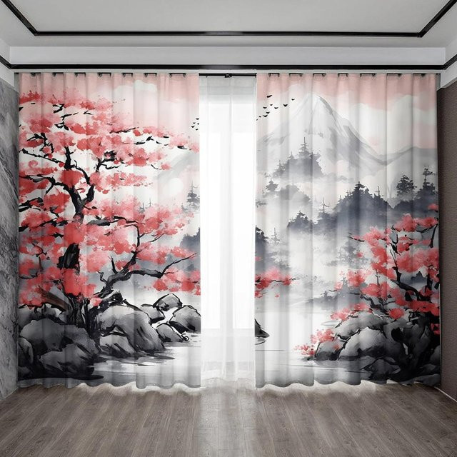 2er-Set dekorative Vorhänge mit Pflaumenblüten-Motiv in Multicolour, halbtransparent, mit Stangentaschen, Breite: 75 cm, Höhe: 166 cm - Bild 1