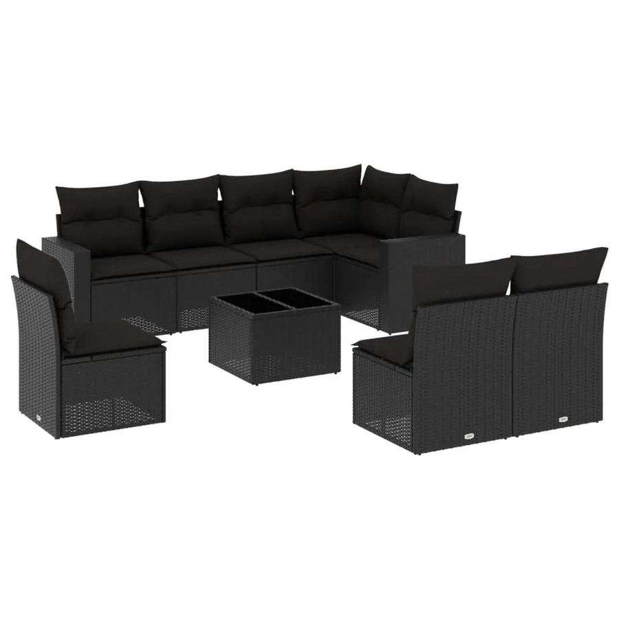vidaXL 9-tlg Garten-Sofagarnitur in L-Form aus schwarzem Poly-Rattan mit UV-beständigen Kissen und pulverbeschichtetem Stahlgestell - Bild 2