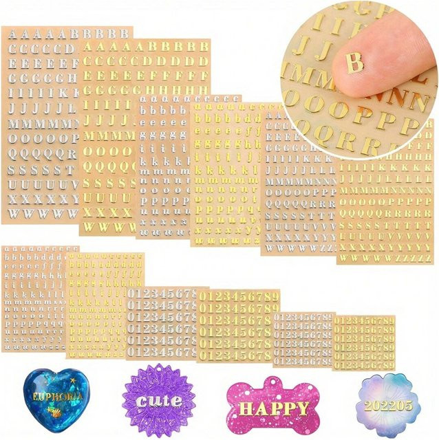 Selbstklebende Mini-Buchstaben- und Zahlenaufkleber aus Metall für Epoxidharz-Gussdekoration, 12er Set in Gold und Silber, Größe: 4,5 mm und 3 mm - Bild 1
