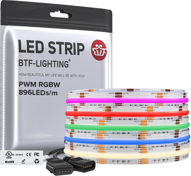 BTF-LIGHTING COB RGBW LED-Streifen, 5-polig, 12mm Breite, 896 LEDs, DC24V, IP30, dimmbar, Multicolour - Bild 1