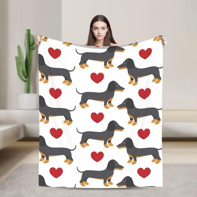 ZbrFour Dackel Decke aus Flanell in Weiß, warme Überwurfdecke mit Tier-Motiv für Hund und Zuhause, B/B: 180 x 230 cm - Bild 1