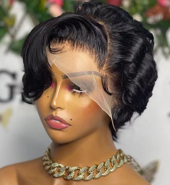 HJ WEAVE BEAUTY Slide Pixie Cut Echthaar Perücke, 13x4 Lace Front, Brasilianisch, Gerade, 250 Dichte - Bild 1