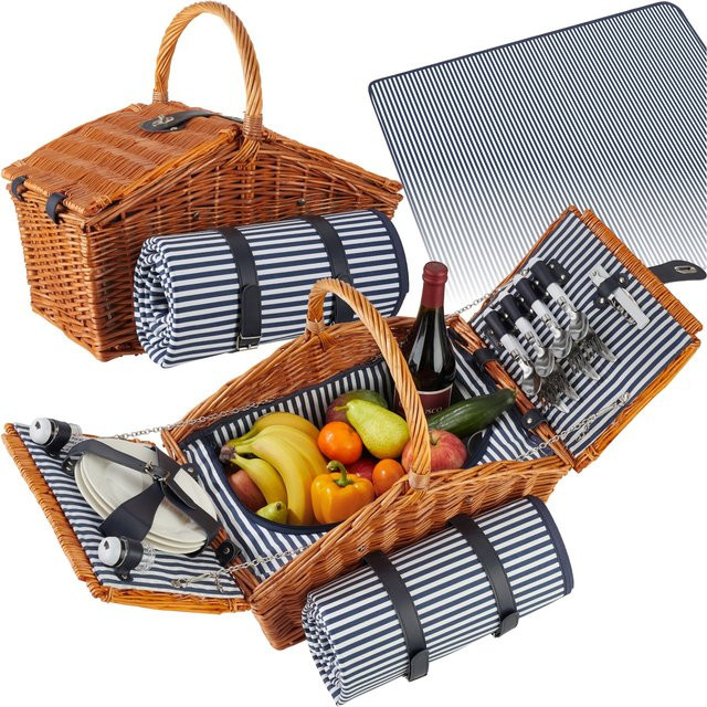 tectake Picknickkorb Usedom für 4 Personen aus geflochtener Weide in Braun mit Picknickdecke, integriertem Kühlfach und 20-teiligem Geschirrset, B/T/H: 46 x 30 x 43,5 cm - Bild 1