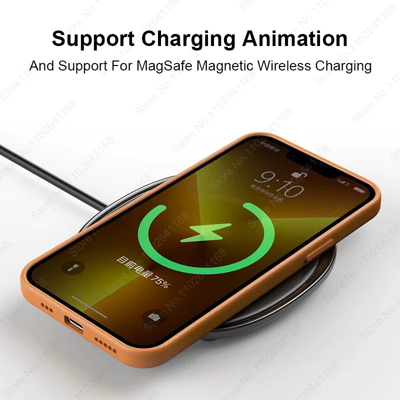 FUKABO Animierte Ledertasche für iPhone 16 15 14 13 Pro Max Plus mit MagSafe Magnetischer Kabellose Ladefunktion in Braun und Orange - Bild 4