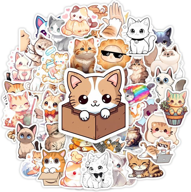Wasserdichte Kawaii Cartoon-Katze Aufkleber in Multicolour für Handy, Laptop und Gepäck - Bild 1