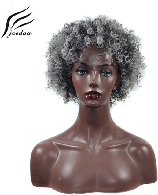 jeedou Afro Kinky Curly Synthetik-Perücke, Ombre Grau Schwarz, Damen - Bild 1