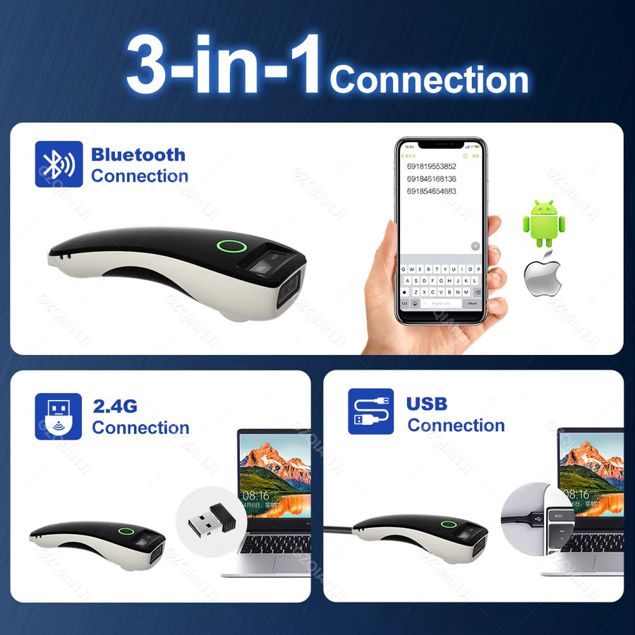 GZQIANJI Mobiler Mini-Bluetooth-Barcode-Scanner, 2,4 G kabelloses 2D-QR-1D-PDF417-Lesegerät mit LCD-Bildschirm, Schwarz - Bild 2