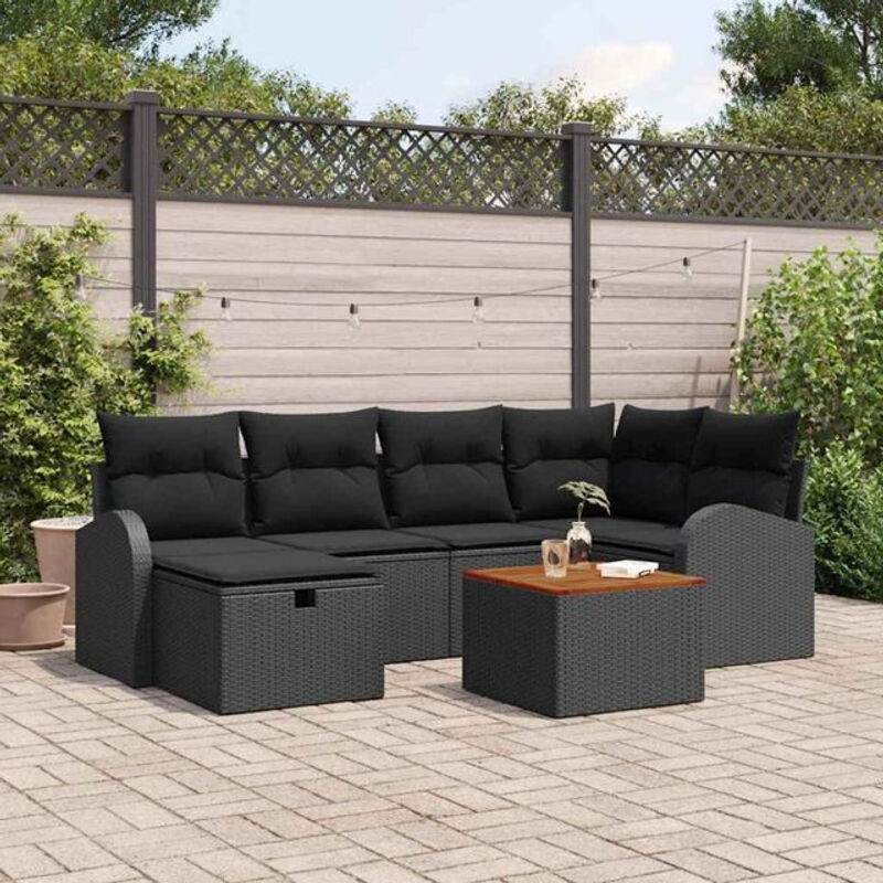 vidaXL Garten-Sofa-Set aus Polyrattan mit 7 Teilen und Kissen in Schwarz - Bild 1