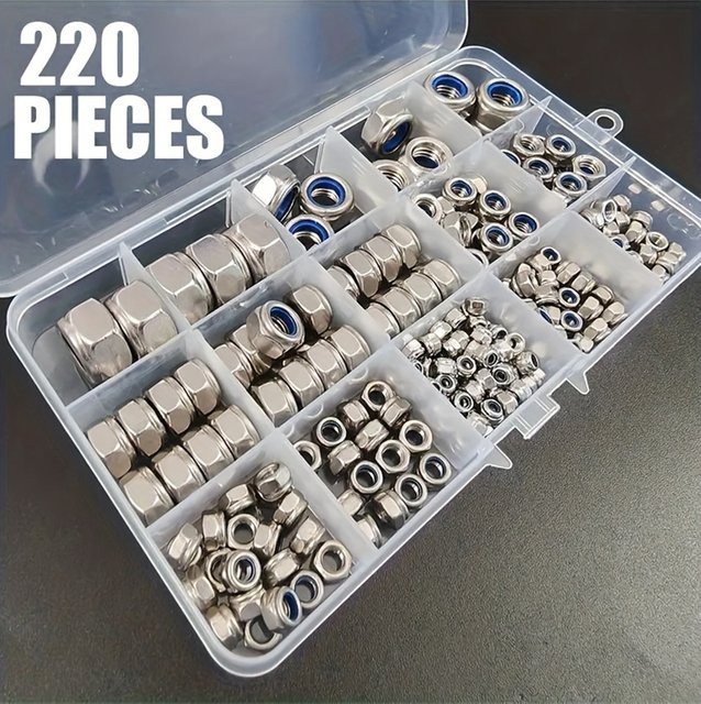AGASHE 220-teiliges Sicherungsmuttern-Set aus Edelstahl M3-M12 mit Sechskant-Nyloneinsatz nach DIN985, poliert und korrosionsbeständig - Bild 1
