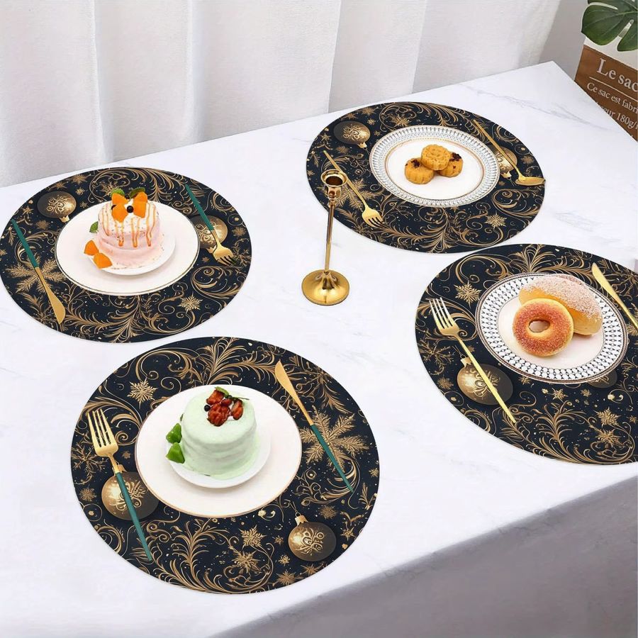 VIKAMA 4-teiliges Set ovale Weihnachts-Tischsets in Dunkelblau mit Goldmuster - Bild 2