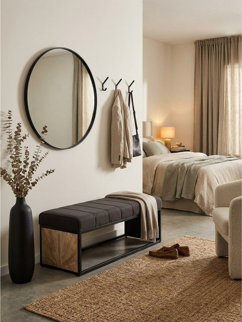 KADIMA DESIGN Sitzbank im Vintage-Stil mit Rillenmuster aus Stoff und Metall, Schwarz, B/T/H: 105 x 40 x 40 cm - Bild 1