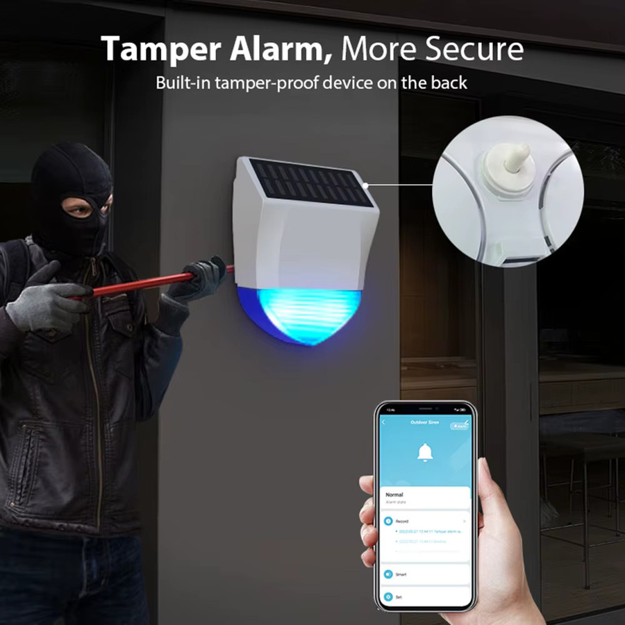 Tuya WiFi Außensirenenalarm in Weiß mit Solar- und USB-Stromversorgung, wasserdicht, 95 dB - Bild 5