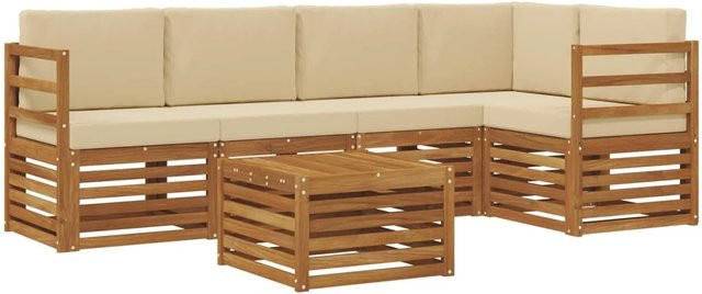 vidaXL Sofagarnitur 6-teilig aus Massivholz Akazie in Natur und Beige mit Polsterung und Armlehnen im modernen L-Shape Design - Bild 1