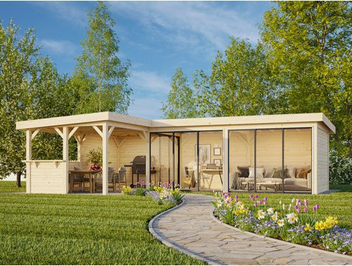 PALMAKO Pavillon Lenna Set 420 Slide aus Fichtenholz in Braun mit Flachdach und Teleskopfunktion B/T/H: 876 x 588 x 245 cm - Bild 1