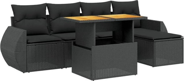 vidaXL 6-teilige Garten-Sofagarnitur aus Poly-Rattan und Akazienholz in Schwarz mit Kissen - Bild 1