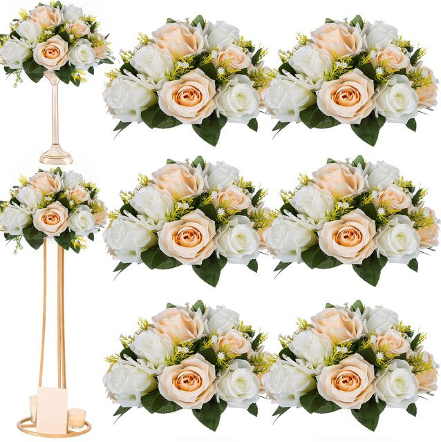 Uflower 6er Set künstliche Rosenkugeln in Weiß und Gelb zur Tischdekoration für Hochzeit und Party - Bild 1