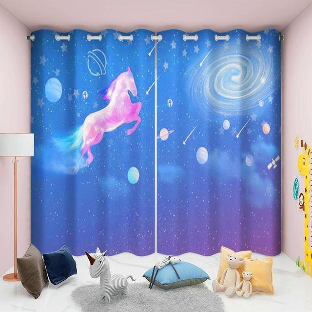 Zweiteiliges Kinderzimmer Vorhang-Set mit Regenbogen-Einhorn Motiv in Rosa und Blau, halbtransparent, mit Ösen und Schlaufen, B/H: 60 x 50 cm pro Panel - Bild 1