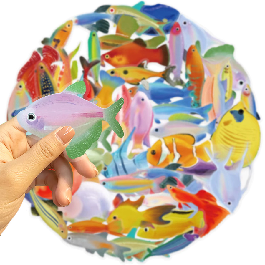 50 Stück Wasserfeste Fisch-Aufkleber in Transparent und Multicolour für Laptop, Skateboard und Scrapbook - Bild 3