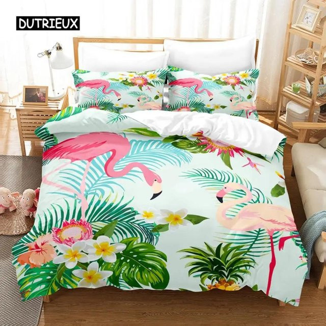 Flamingo Bettwäsche Kollektion mit Palmenblatt und tropischen Blumen in Hawaiianischem Design, Polyester Bettbezug und Bezüge, Breite: 133 cm, Länge: 200 cm (Queen/King Size) - Bild 1