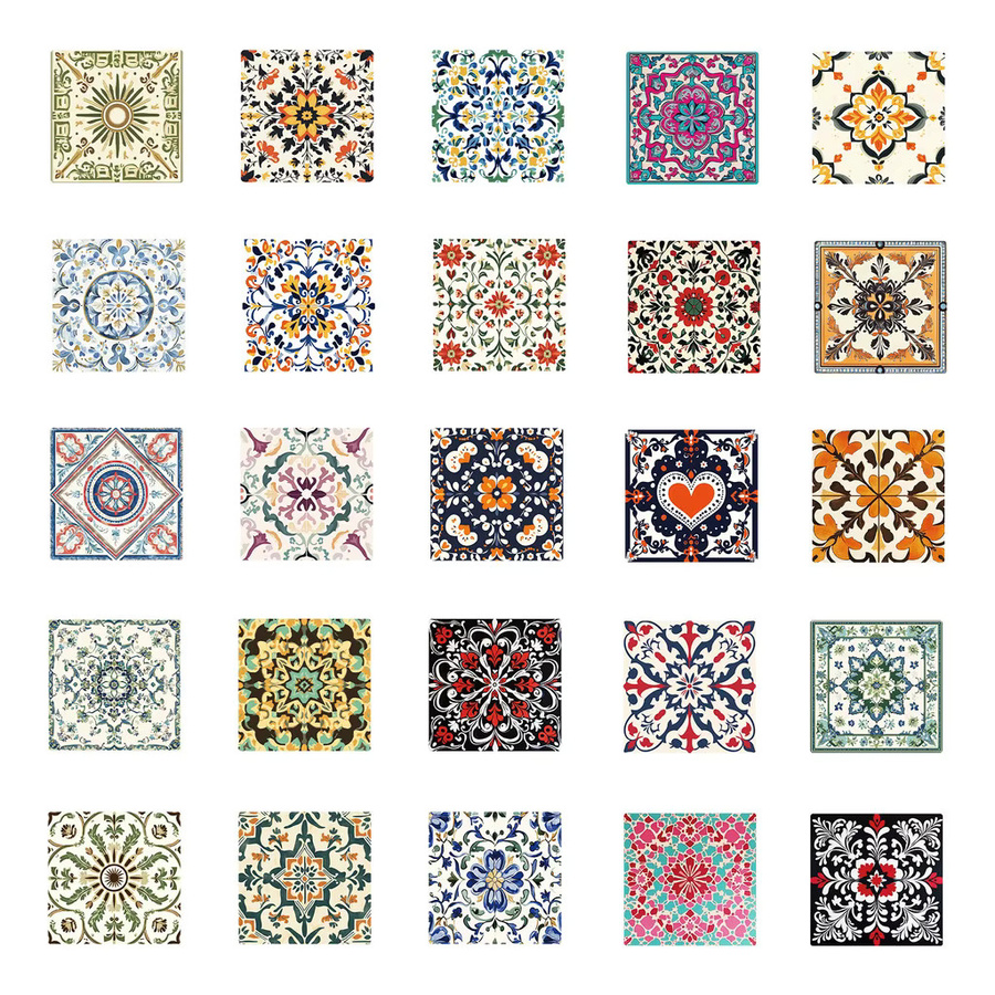 50 Stück Vintage-Kunstfliesen-Aufkleber von LanLanStickersWorld Store in Multicolour, wasserfeste DIY-Aufkleber mit floralem Design für Kühlschrank, Skateboard und Handyhülle - Bild 3