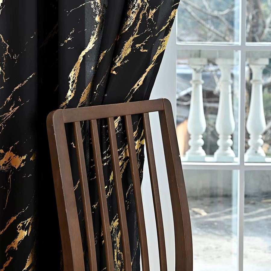 YIHEIM Luxus-Vorhang Set mit Marmormuster und Goldfolie in Schwarz und Gold, 2 Stück, Stangentaschen, Breite: 100 cm, Höhe: 130 cm - Bild 4