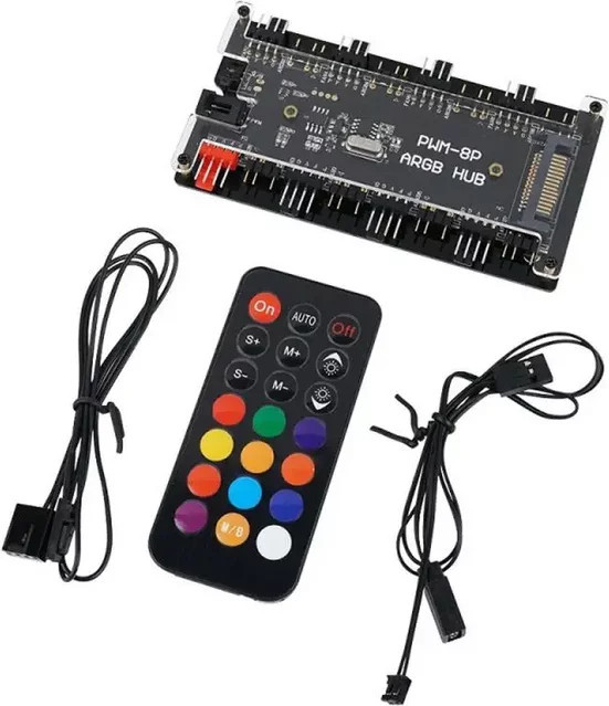 Ninth World ARGB Lüfter Hub Splitter Adapter mit 5V 3 Pin und 4 Pin PWM Anschluss sowie SATA Power in Schwarz - Bild 1