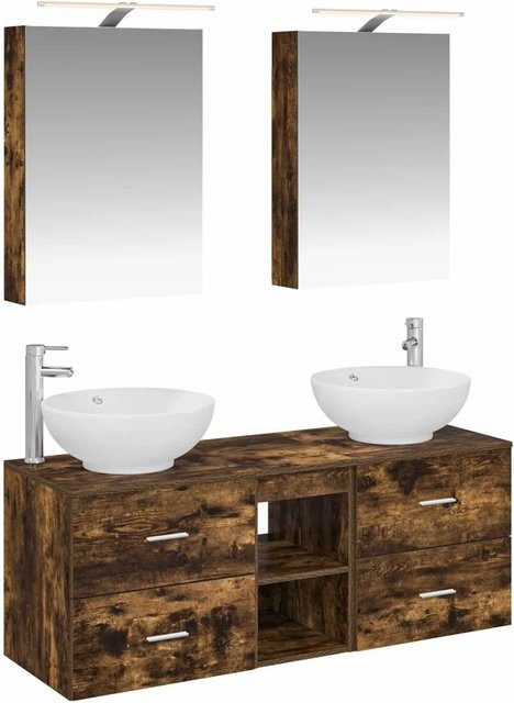 vidaXL Badezimmermöbel-Set 5-teilig in Geräucherte Eiche, modernes Design mit Spiegelschrank, Wandschrank und Waschtischunterschrank, Braun - Bild 1