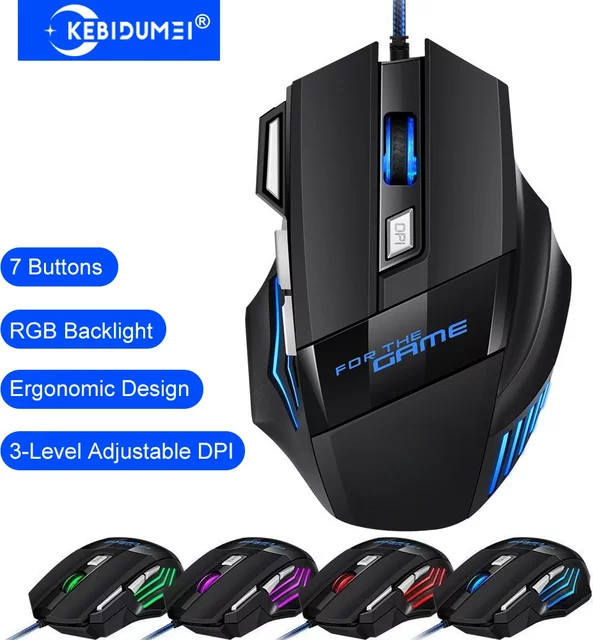 KEBIDUMEI Gaming-Maus mit RGB-Hintergrundbeleuchtung, 7 Tasten, 2400 DPI, ergonomische USB-Maus in Schwarz für PC, Laptop, Windows und Mac OS - Bild 1