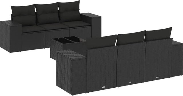 vidaXL 7-teilige Garten-Sofagarnitur aus Poly-Rattan mit Kissen in Schwarz - Bild 1
