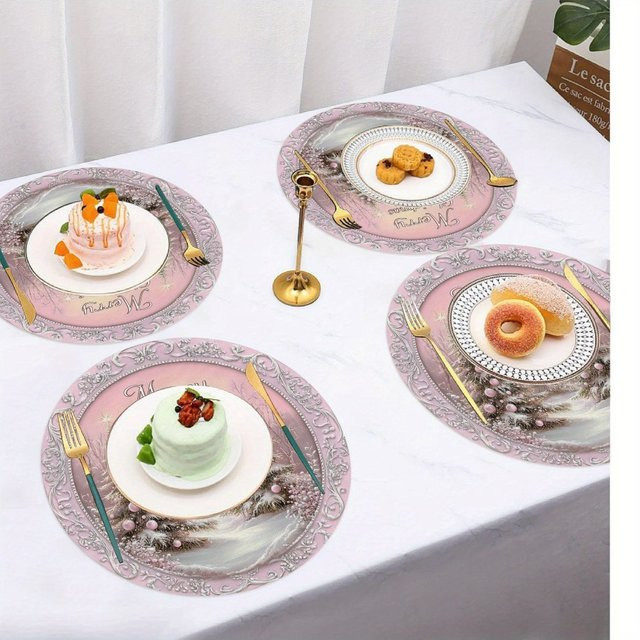 VIKAMA Weihnachtsmatten Set 4-teilig, rundes Design in Rosa mit grafischem Muster für Küche und Heimdekoration - Bild 1