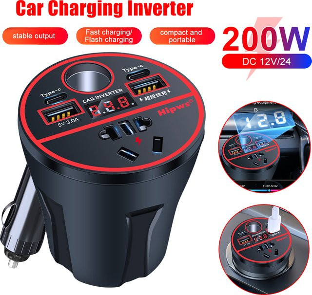 Auto-USB-Ladegerät 200W Adapter mit Digitalanzeige, Fahrzeugladegerät für Zigarettenanzünder inklusive QC3.0 und PD Typ C, Schwarz - Bild 1