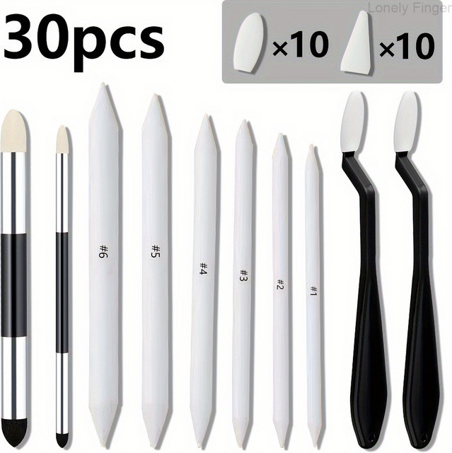 Lonely Finger 30 Stück Mischstümpfe und Papierkunstmixer Set mit Wischschaber und Reibschwamm für Skizzen und Zeichnungen in Weiß - Bild 1