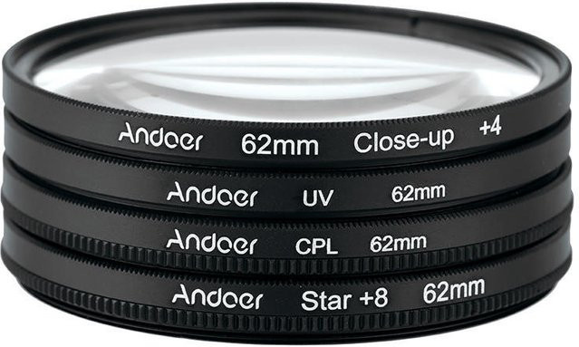 Andoer Filter-Kit mit UV, CPL, Close-Up und 4-Punkt-Stern Filter, Schwarz, Durchmesser: 62 mm - Bild 1