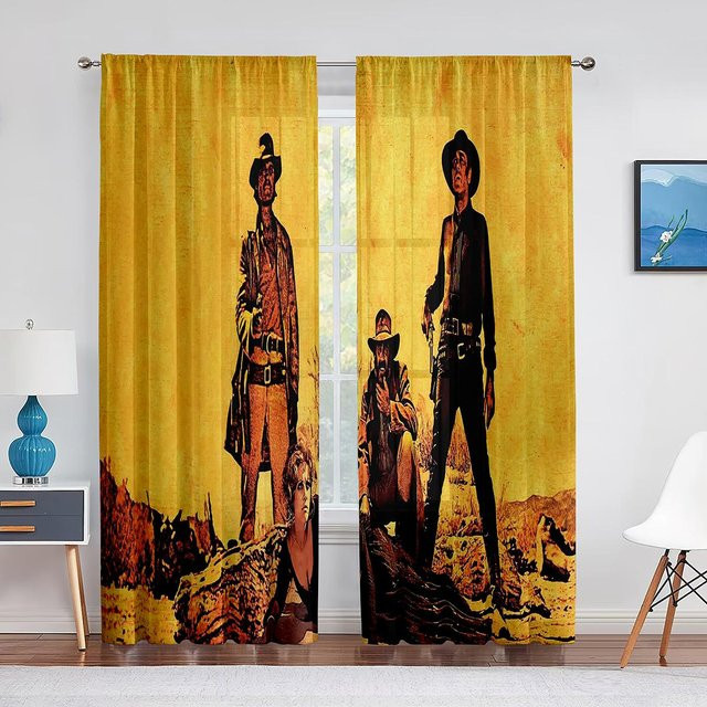 Super Six Western Cowboy auf Pferd Reiten Transparente Voile-Vorhänge aus Chiffon Tüll, Farbe: Gelb, Breite: 100 cm, Höhe: 250 cm - Bild 1