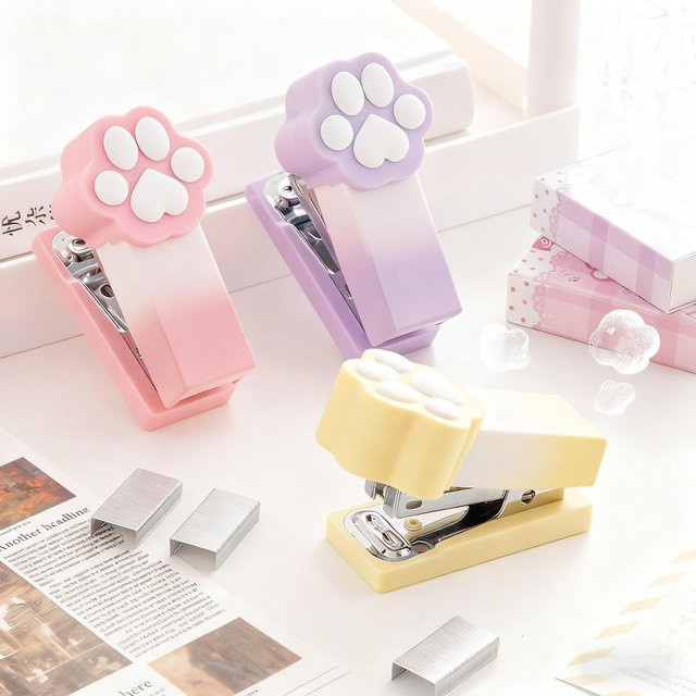 Mini-Hefter Katzenpfoten in Pink für 2–15 Blatt, tragbarer Desktop-Tacker aus Kunststoff für Kinder, Studenten und das Büro - Bild 1