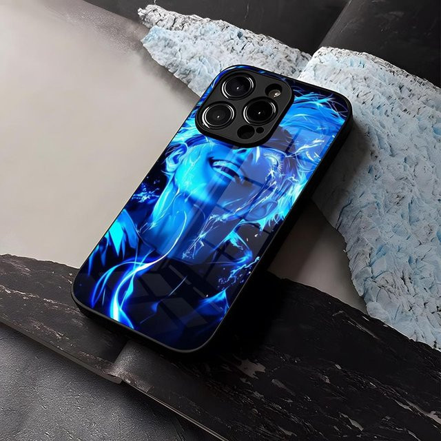 JJK Satoru Gojo Smartphone Hülle aus gehärtetem Glas für iPhone 16 15 14 13 12 11 Pro Max Plus Mini X XR SE in Blau - Bild 1