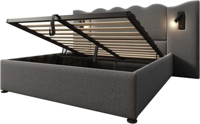 Merax Polsterbett Grau mit Stauraum, integrierter Leselampe und USB-Ladeanschluss, B/T/H: 160 x 200 x 232 cm - Bild 1