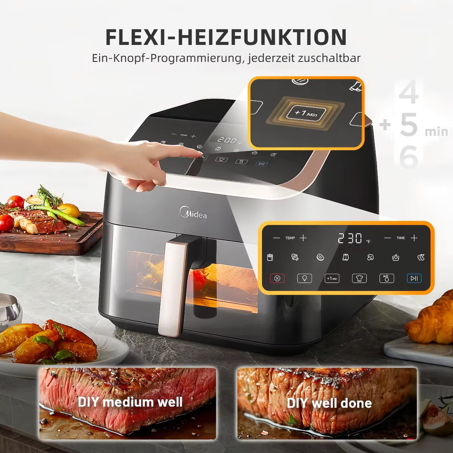 Midea XXL Heißluftfritteuse 8-in-1 mit Sichtfenster, 8,5 l Volumen, bis 200 °C, Schwarz/Roségold - Bild 5