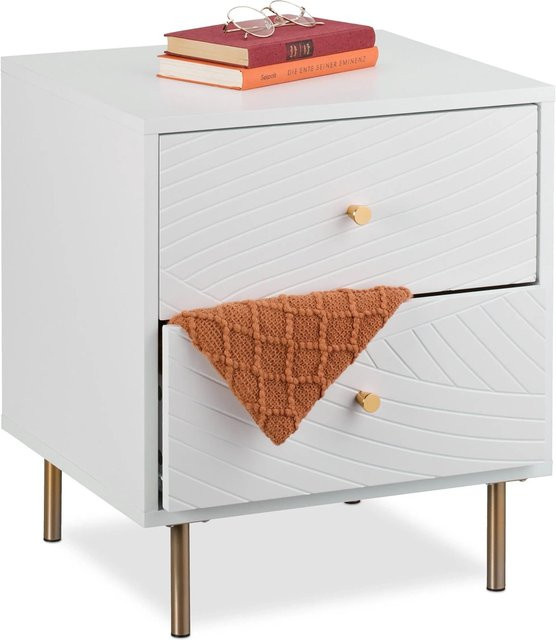 Relaxdays Nachttisch in Weiß und Gold mit 2 Schubladen aus MDF und Eisen, B/T/H: 52 x 45 x 40 cm - Bild 1
