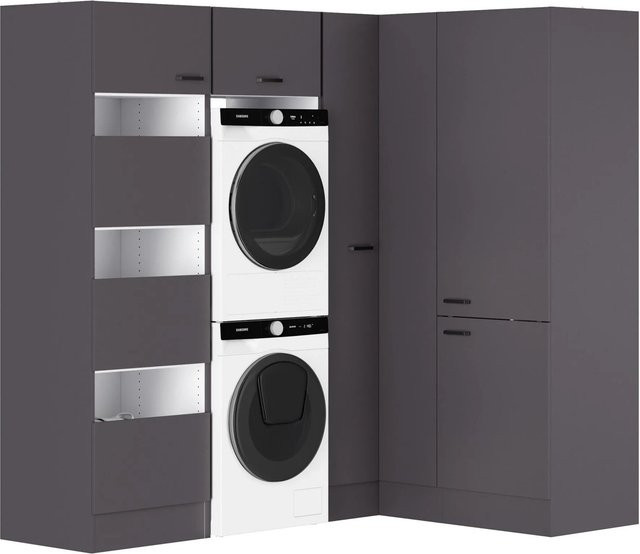 OPTIFIT Waschsäulen-Set Kiel420 in Anthrazit Matt mit Schrankelementen für den Hauswirtschaftsraum, B/T/H: 213,2 x 150 x 57,1 cm, Höhe: 210 cm - Bild 1