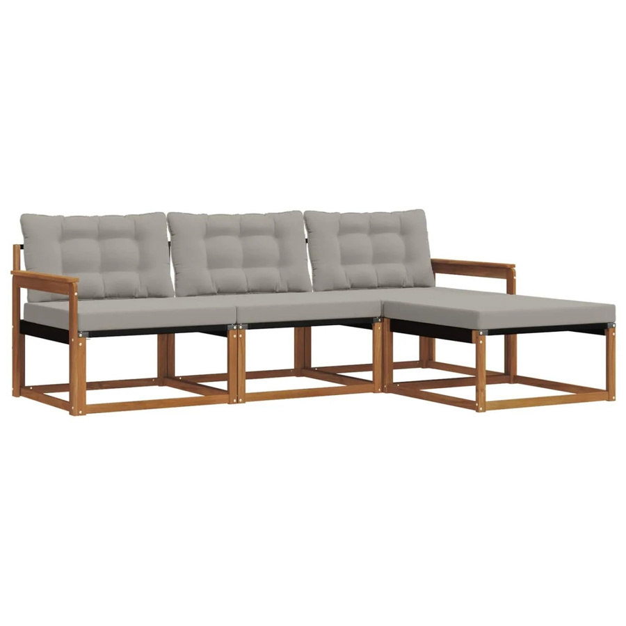 vidaXL Outdoor-Sofagarnitur L-Form aus Akazienholz mit Kissen und Ottoman, 4-teiliges Set, Braun und Hellgrau - Bild 2