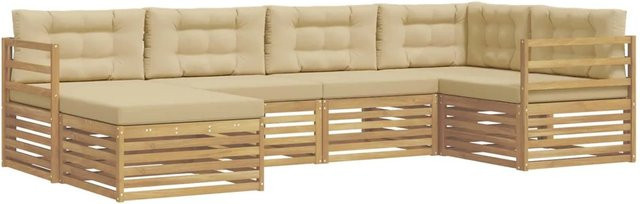vidaXL Outdoor-Sofagarnitur in L-Form mit 6 Teilen, Set aus Ecksofa, 3-Sitzer und Ottoman, Weiß und Beige, aus Akazienholz und UV-beständigem Polyester - Bild 1