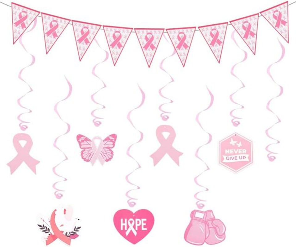Wimpelbanner zur Brustkrebs-Aufklärung in Rosa mit Schmetterlings- und Vogelmotiven als hängende Papier-Dekoration - Bild 1